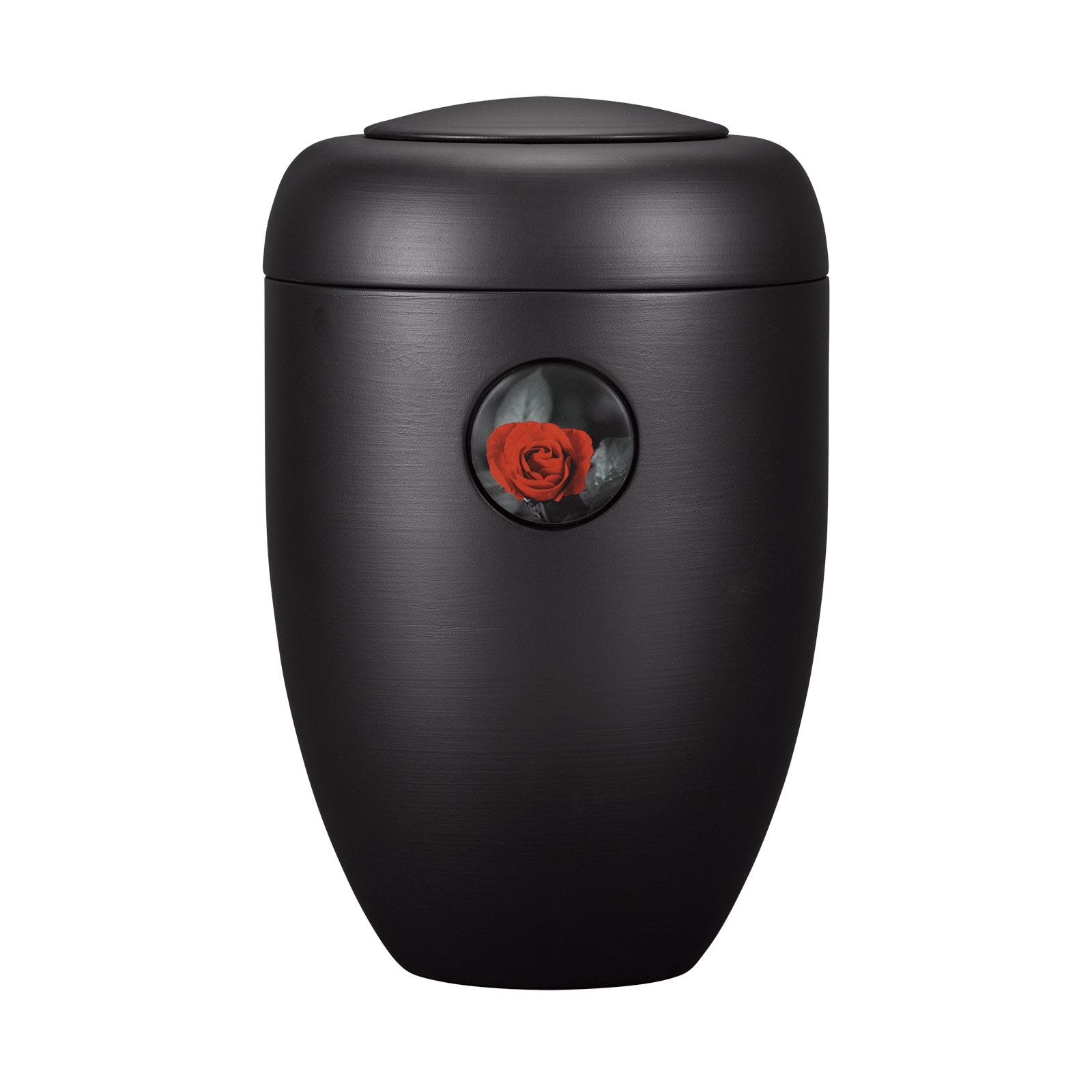 Schwarze Memori-Urne mit roter Rose Button
