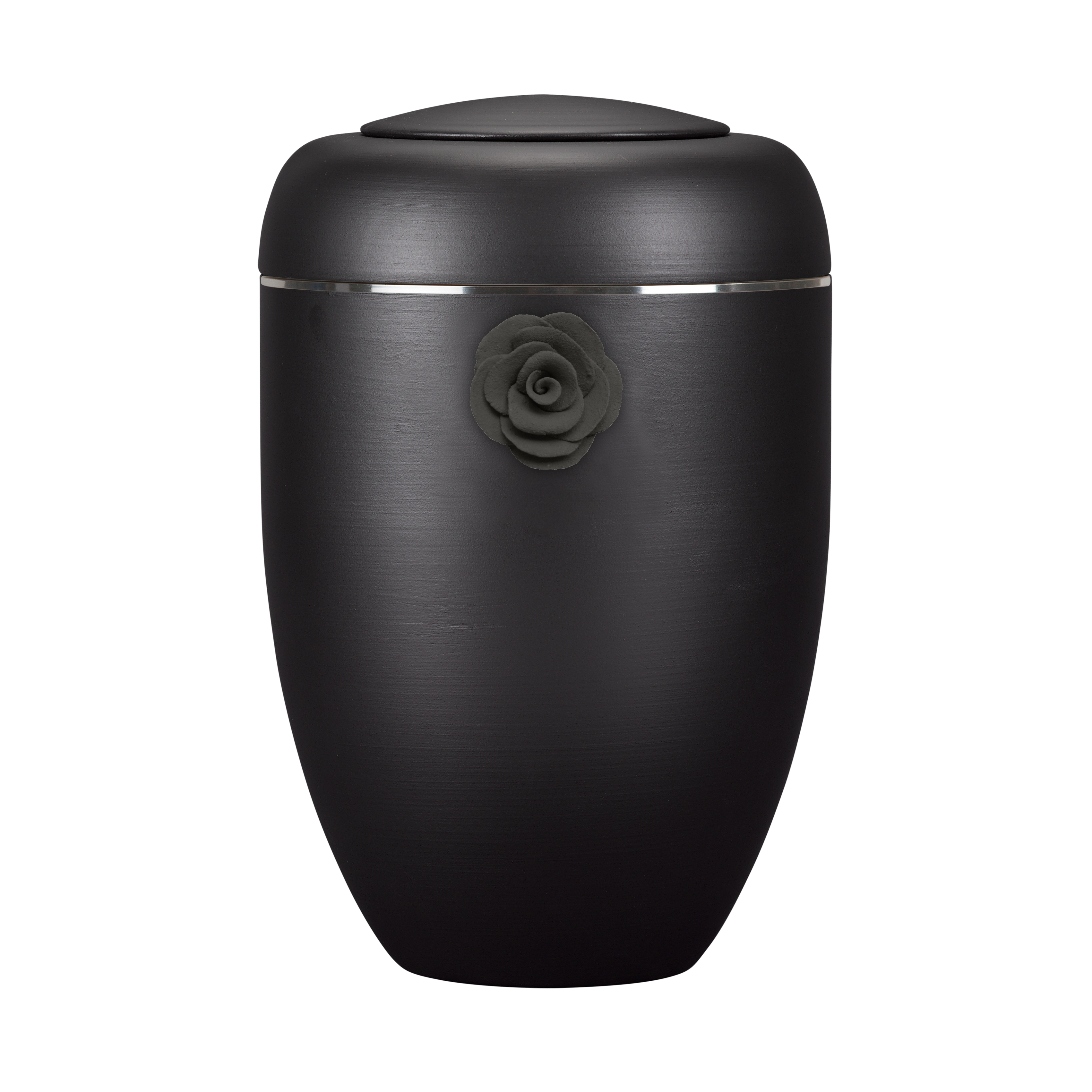 Schwarze Symbol-Urne mit schwarzer Tonrose und Aluminiumscheibe