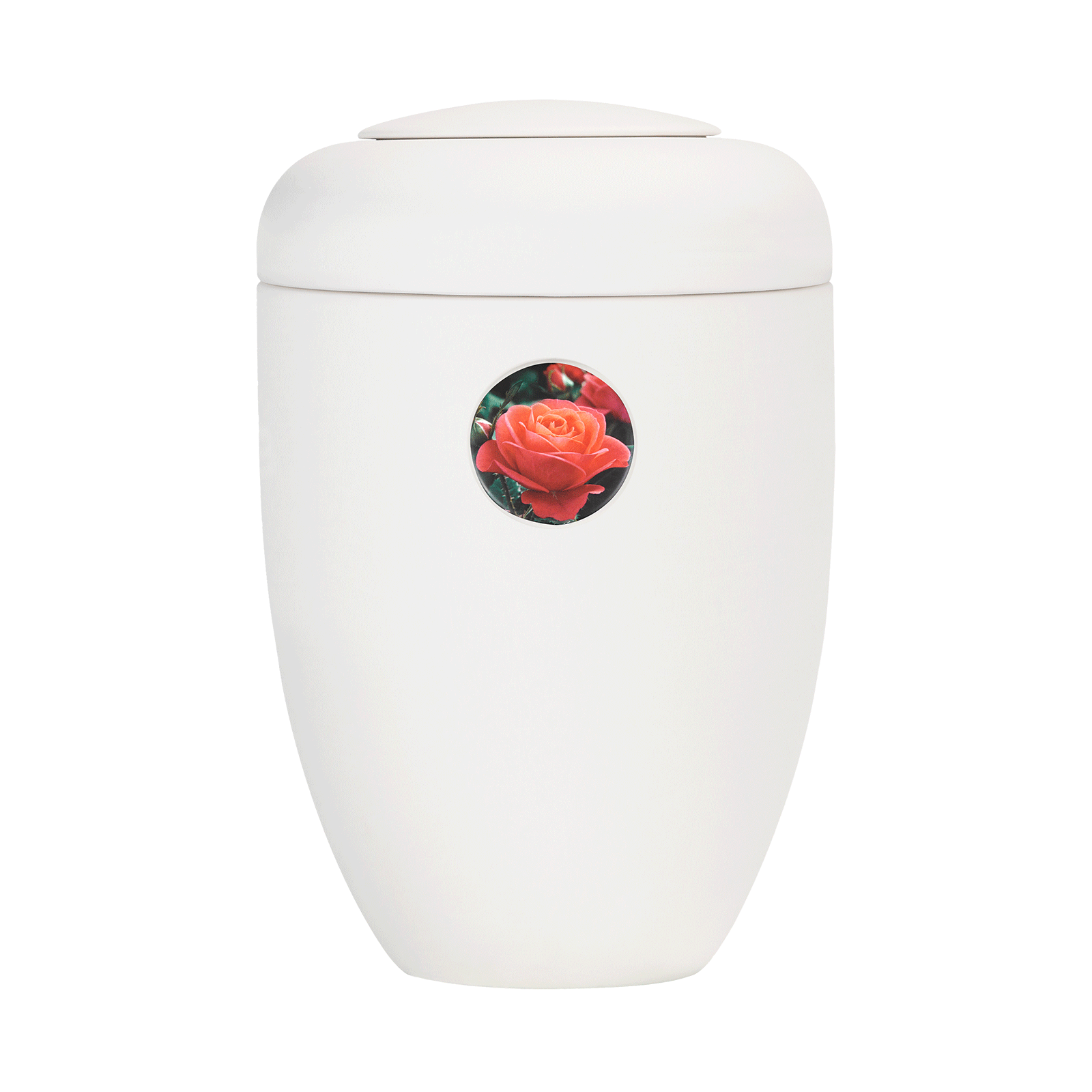 Cremeweiße Memori-Urne mit lachsfarbener Rose Button