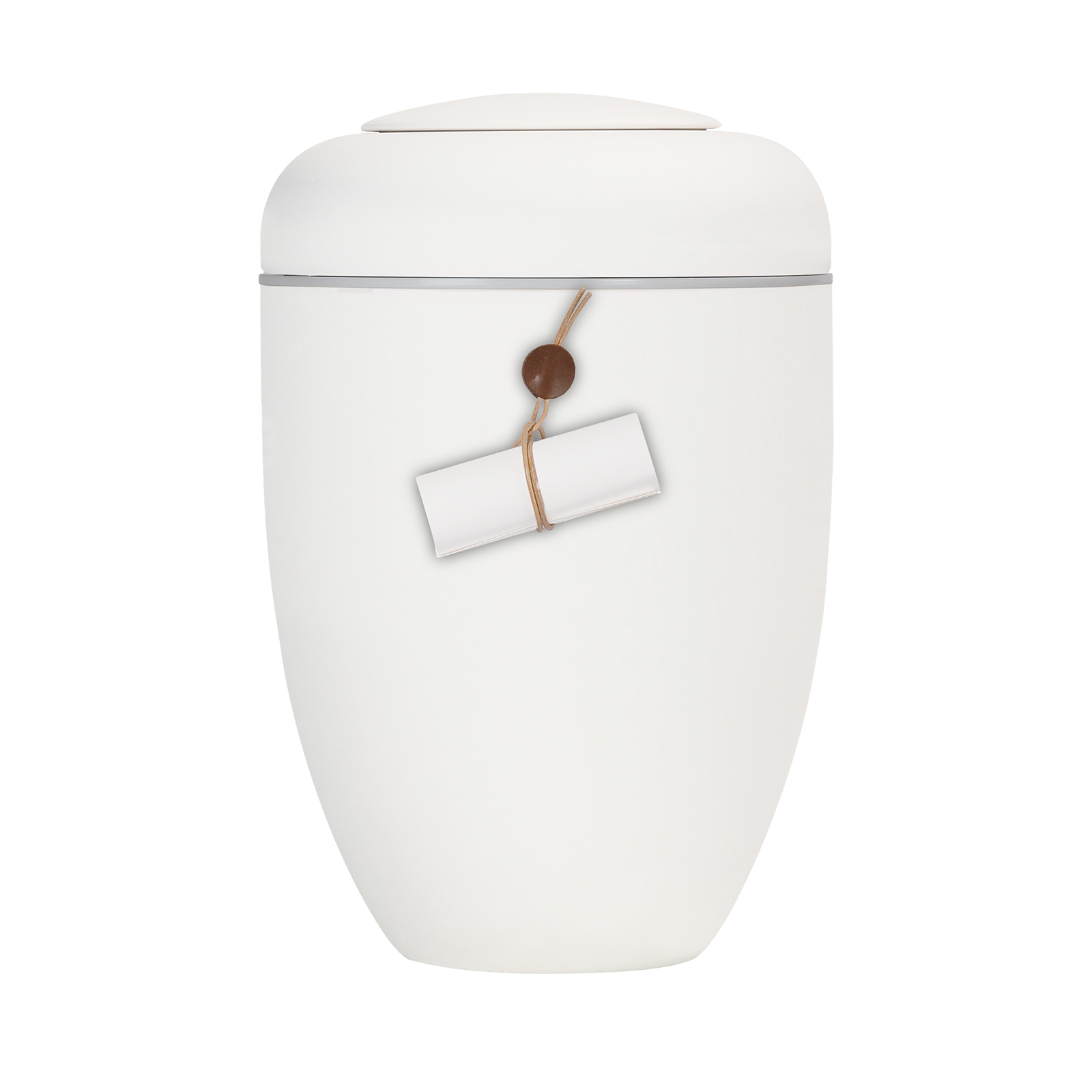 Cremeweiße Symbol-Urne mit Schriftrolle und weißer Plexiglasscheibe