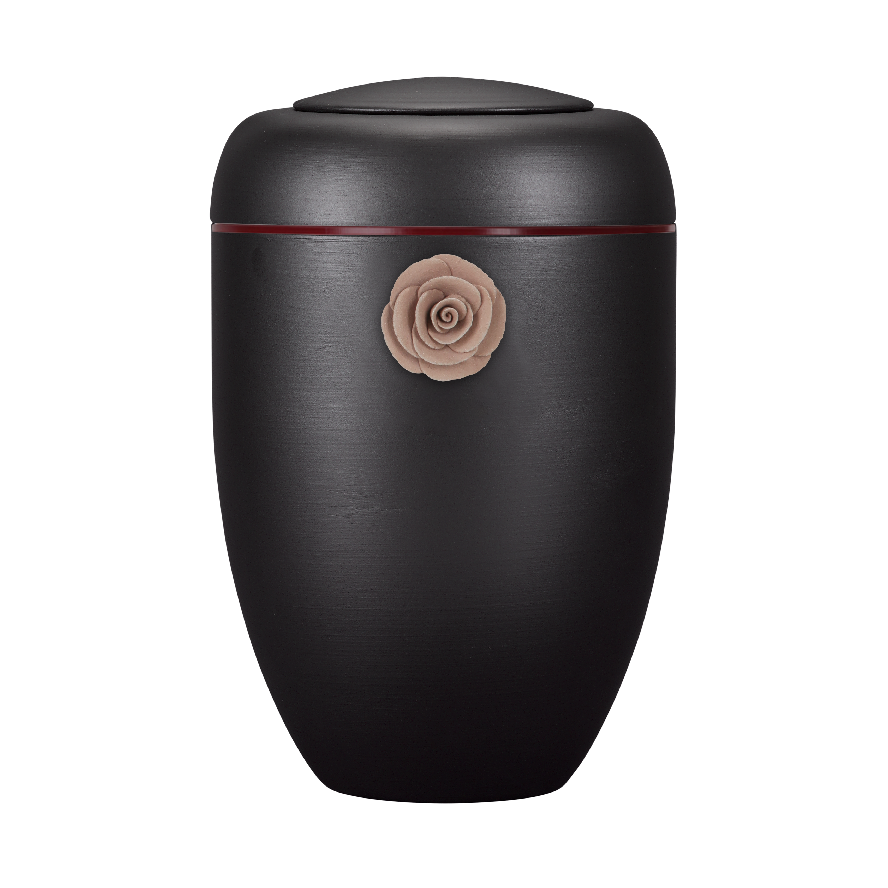 Schwarze Symbol-Urne mit roter Tonrose und roter Plexiglasscheibe