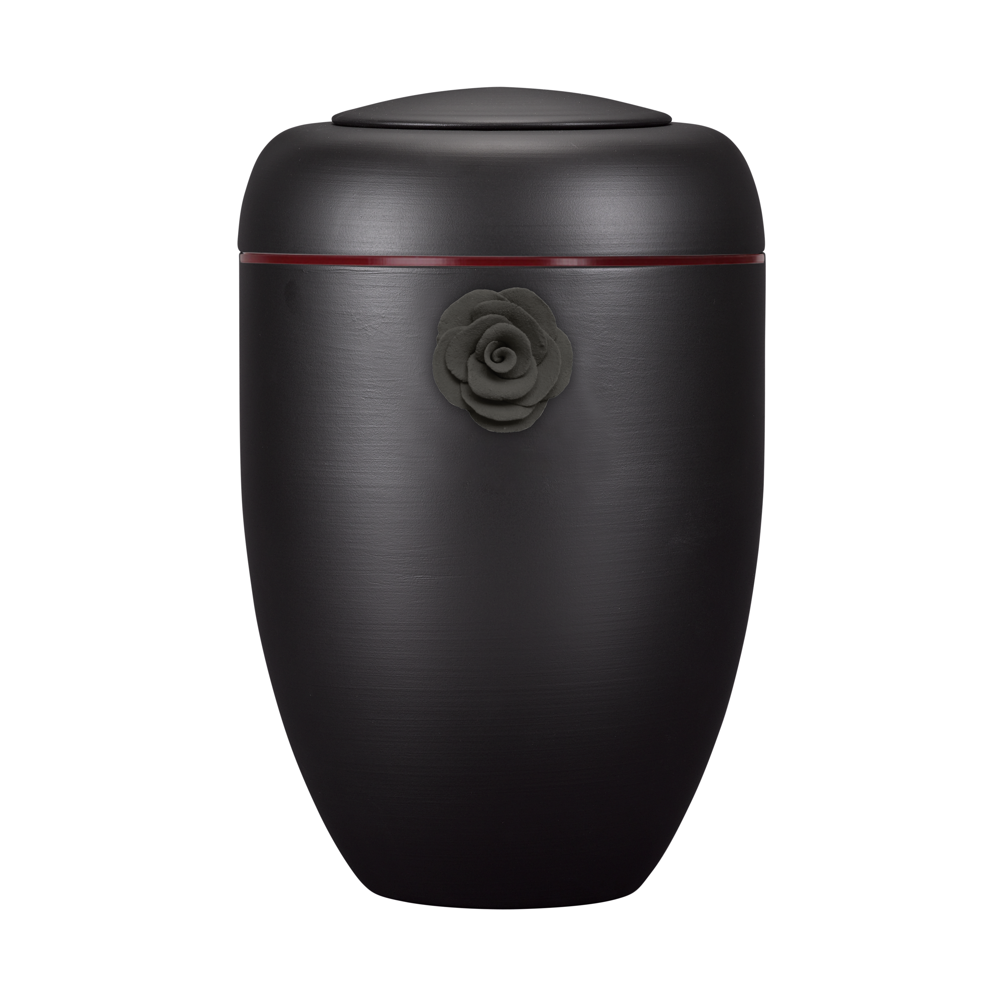 Schwarze Symbol-Urne mit schwarzer Tonrose und roter Plexiglasscheibe