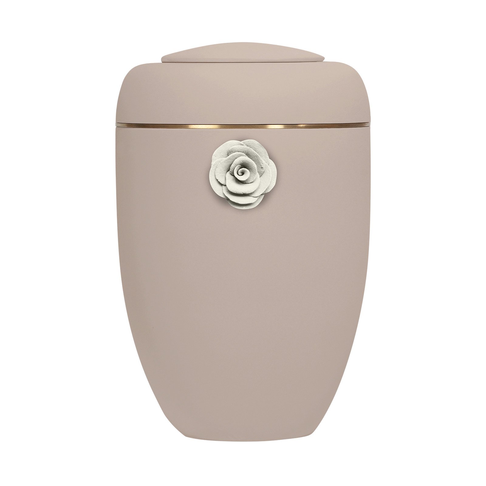 Oxidrote Symbol-Urne mit weißer Tonrose und Messingscheibe
