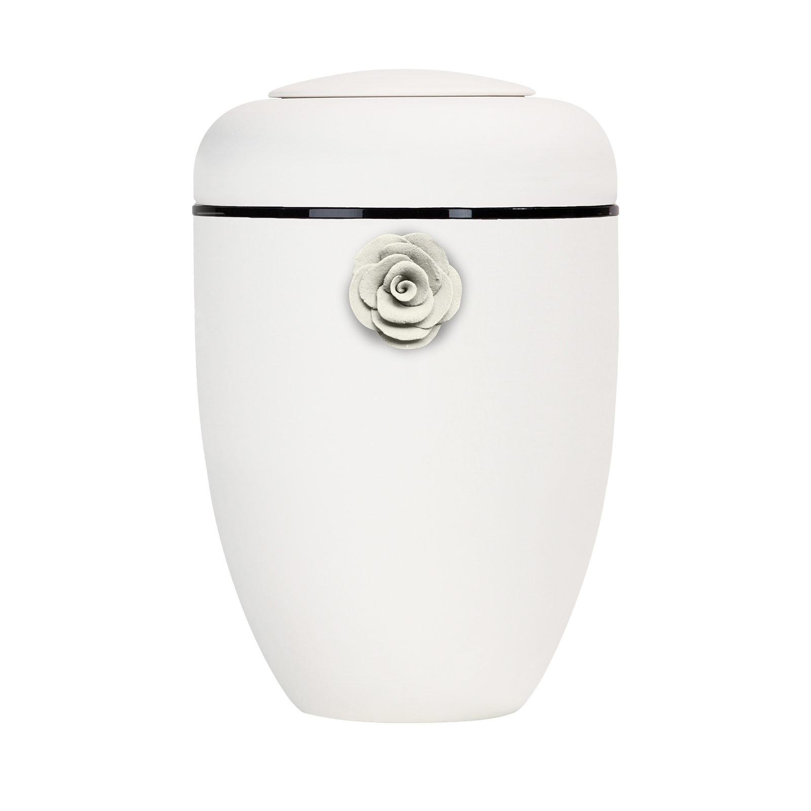 Cremeweiße Symbol-Urne mit weißer Tonrose und schwarzer Plexiglasscheibe
