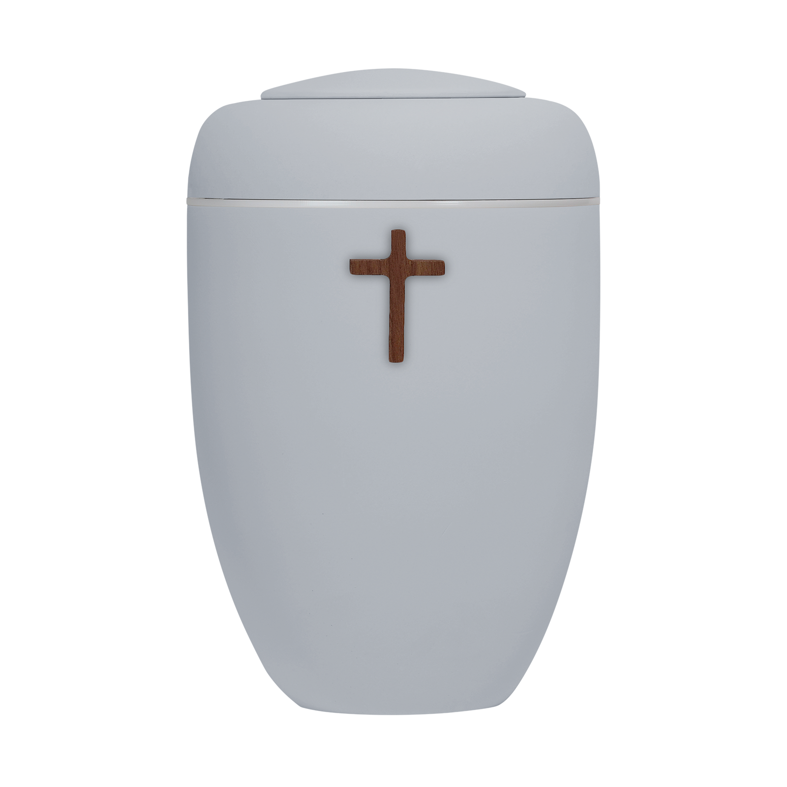Hellgraue Symbol-Urne mit Holzkreuz und weißer Plexiglasscheibe