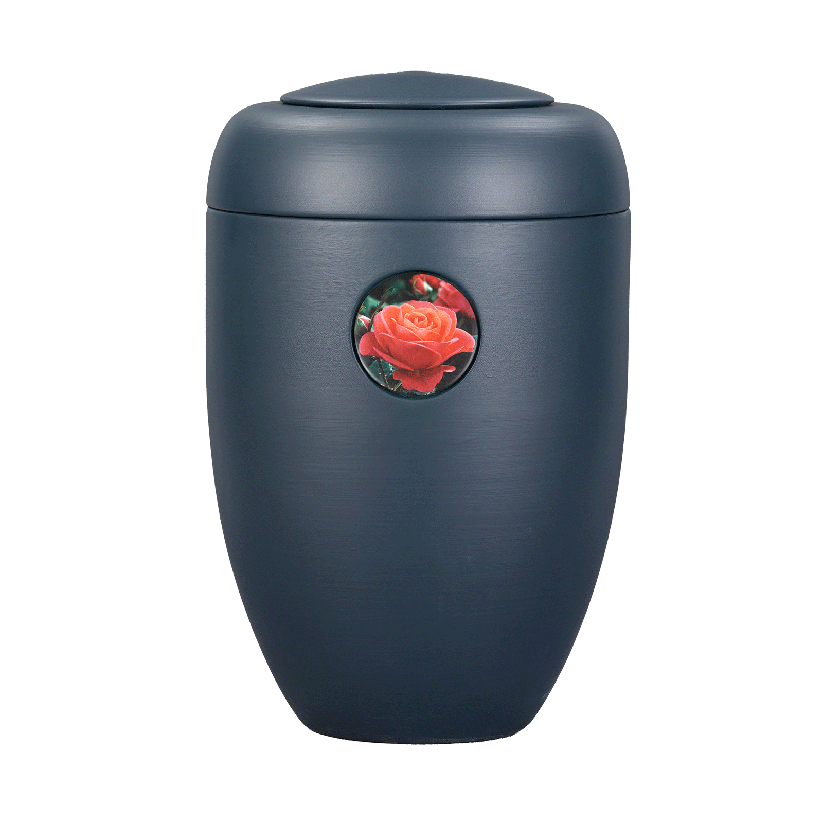 Petrolblaue Memori-Urne mit lachsfarbener Rose Button
