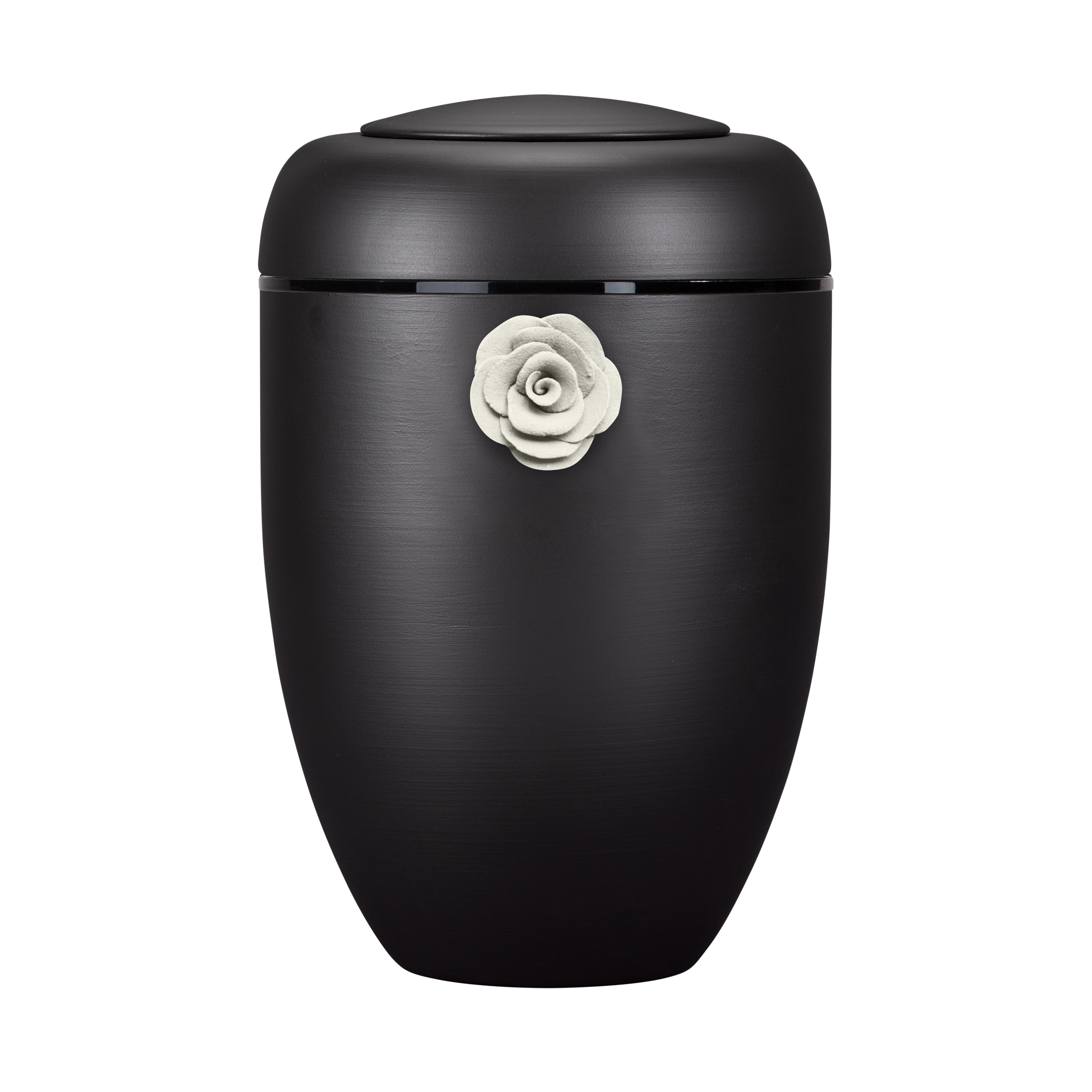 Schwarze Symbol-Urne mit weißer Tonrose und schwarzer Plexiglasscheibe