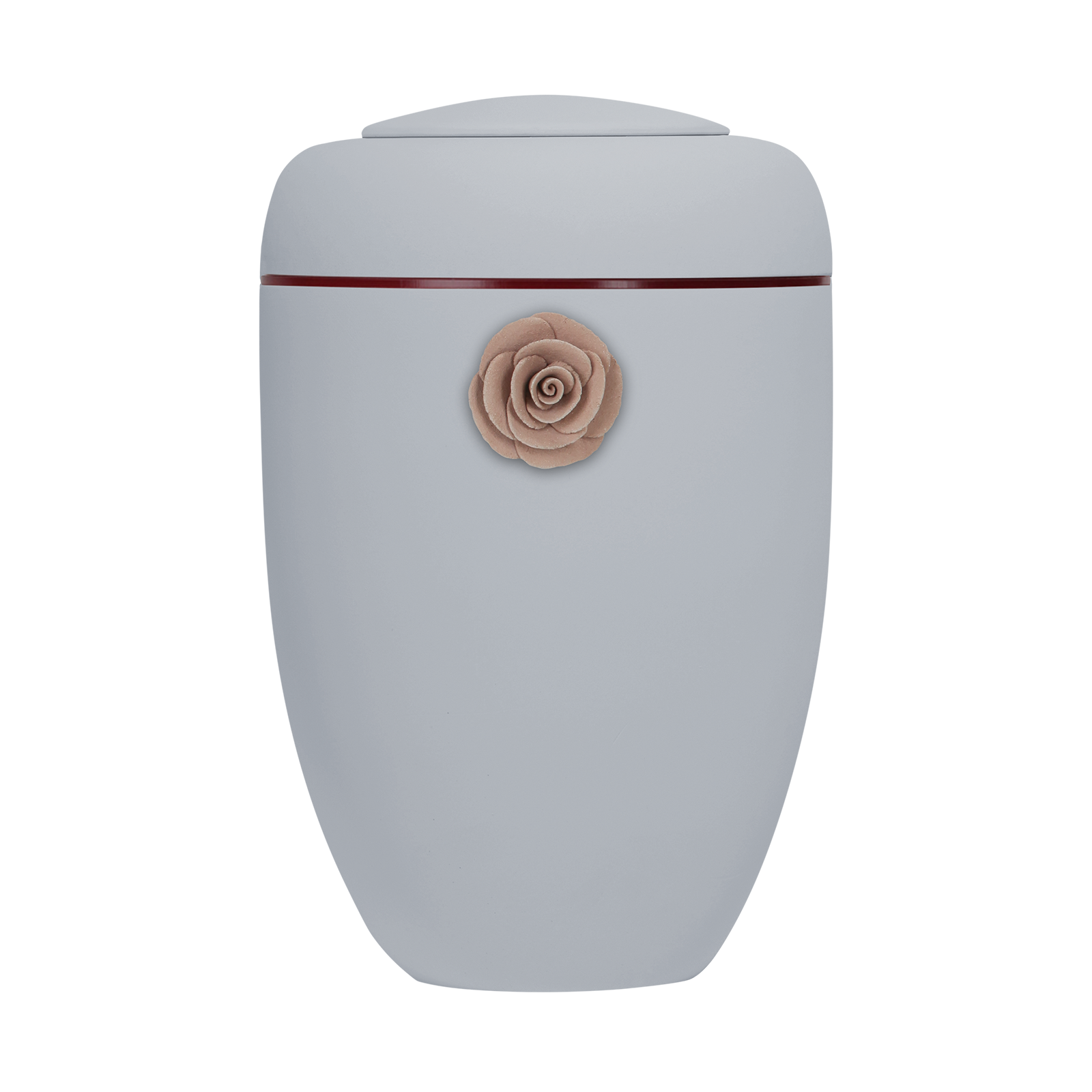 Hellgraue Symbol-Urne mit roter Tonrose und roter Plexiglasscheibe