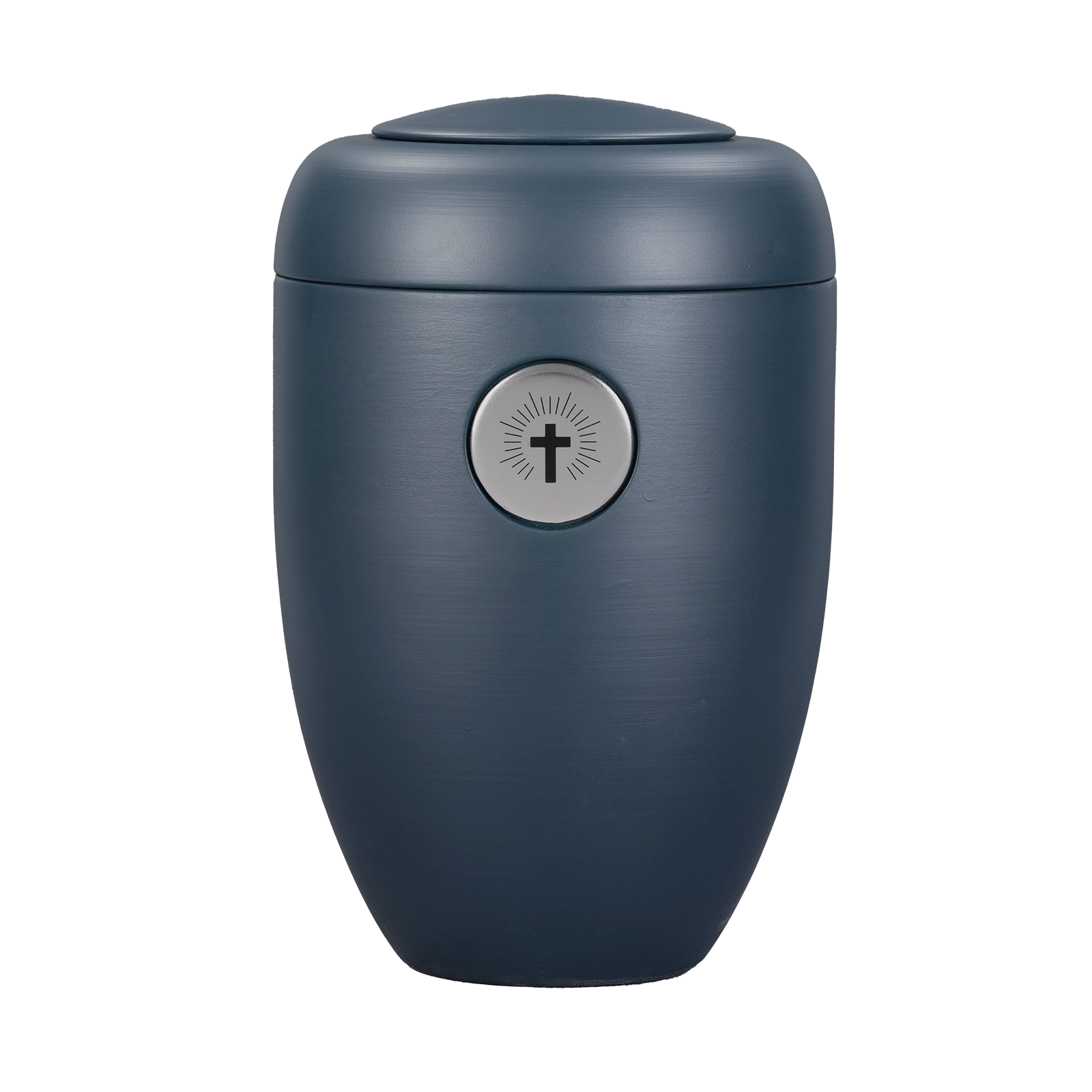 Petrolblaue Memori-Urne mit silbernem Kreuz Button
