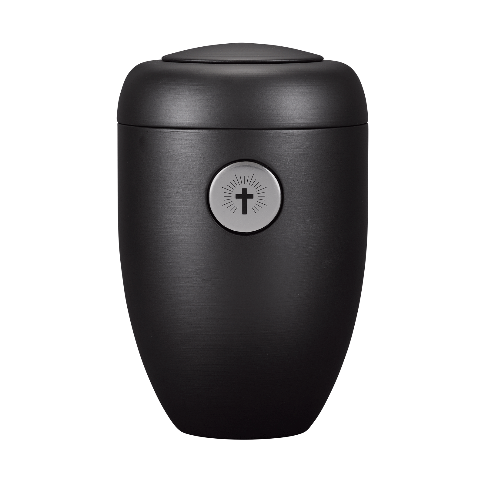 Schwarze Memori-Urne mit silbernem Kreuz Button