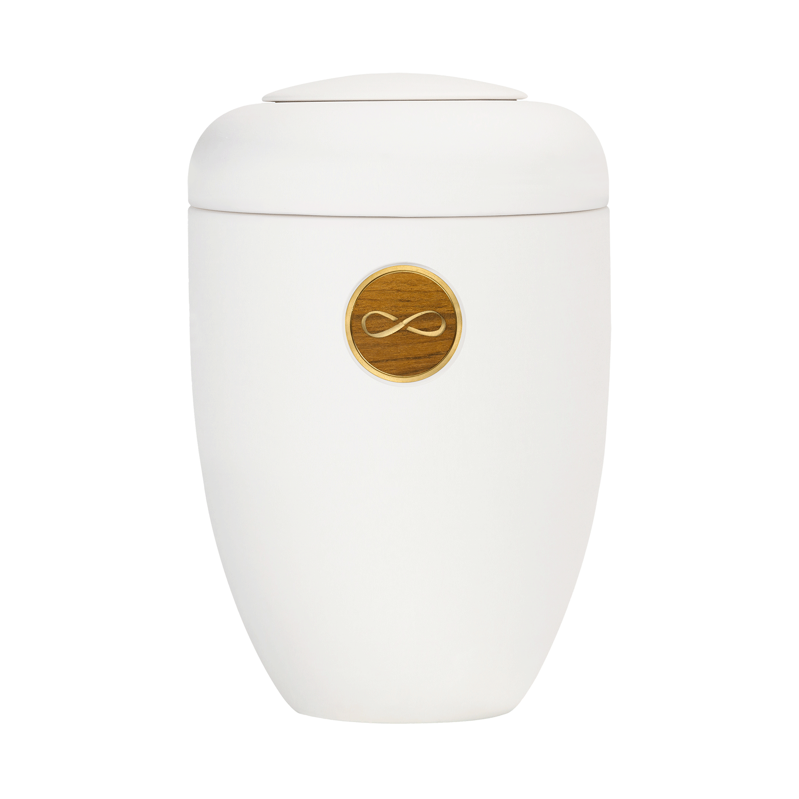 Cremeweiße Memori-Urne mit goldenem Unendlichkeitszeichen