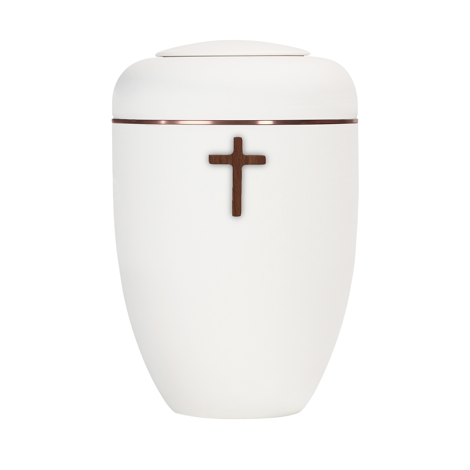 Cremeweiße Symbol-Urne mit Holzkreuz und Kupfer Holzscheibe