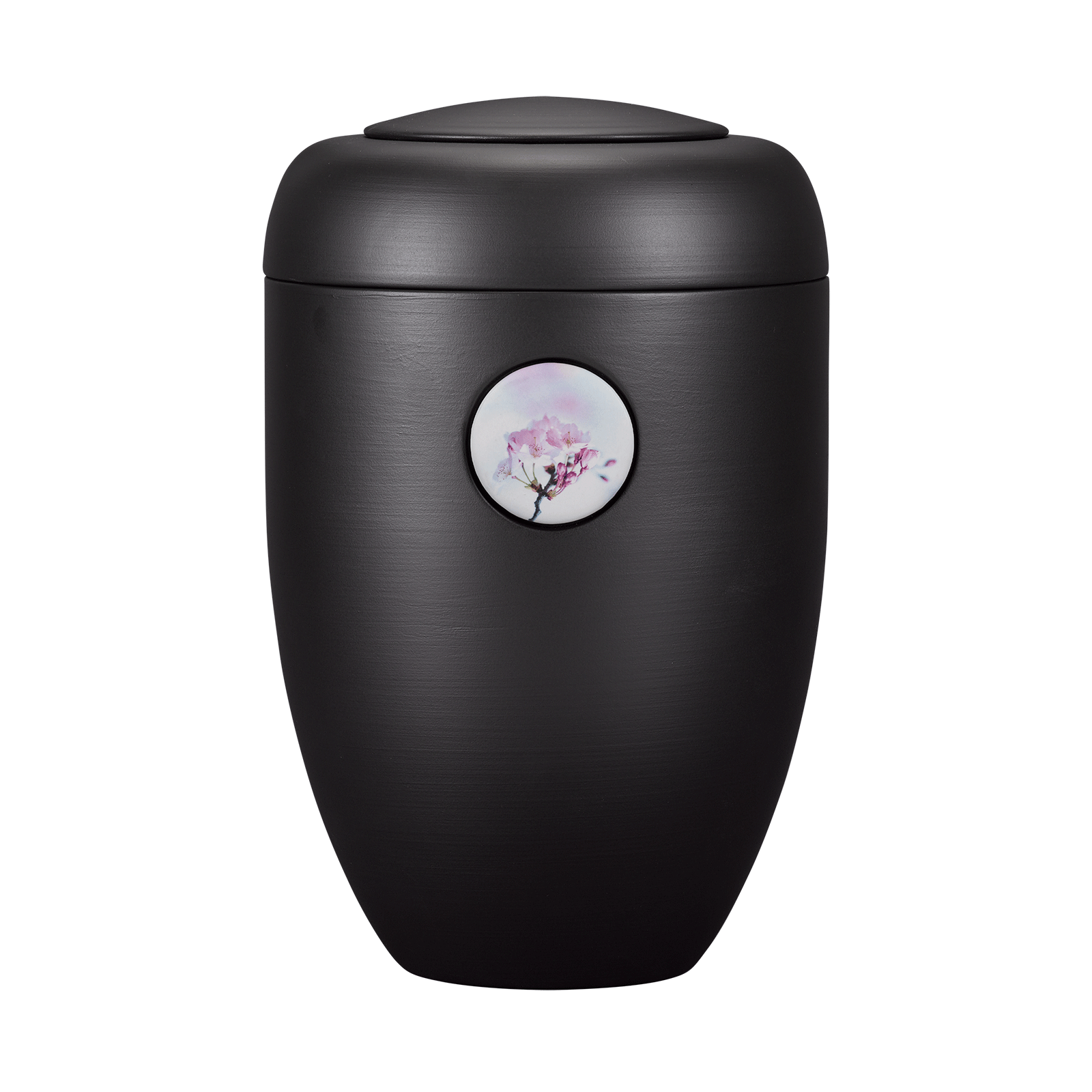 Schwarze Memori-Urne mit Kirschblüten Button