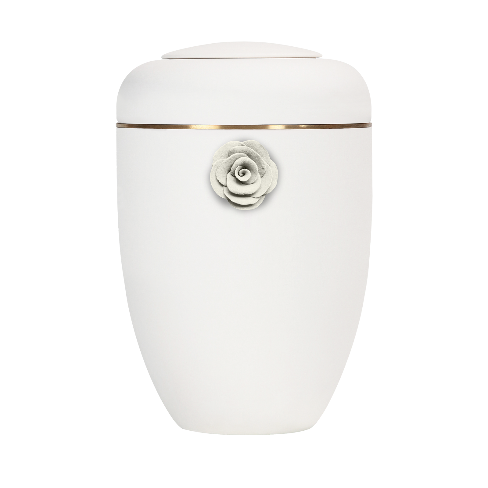 Cremeweiße Symbol-Urne mit weißer Tonrose und Messingscheibe