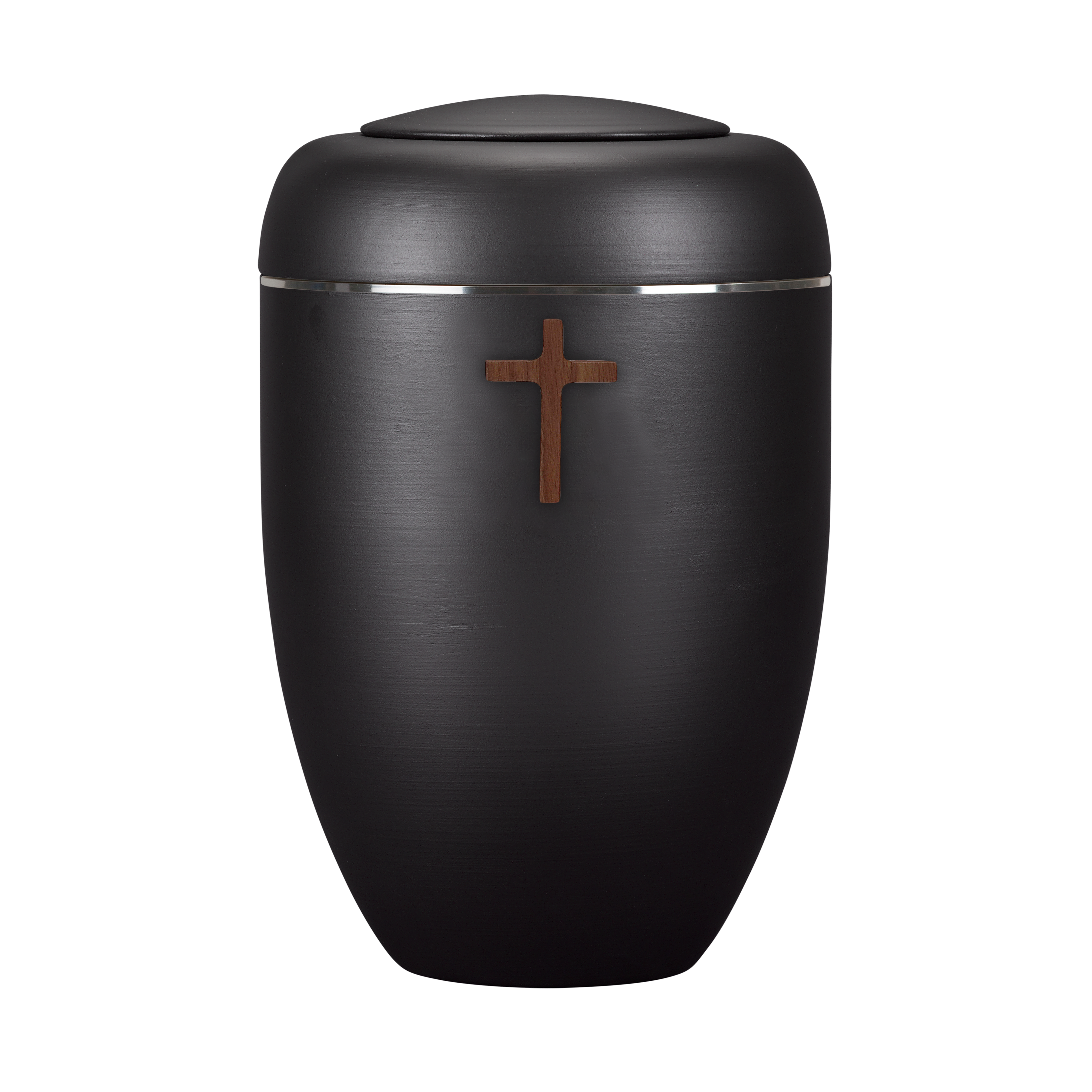 Schwarze Symbol-Urne mit Holzkreuz und Aluminiumscheibe