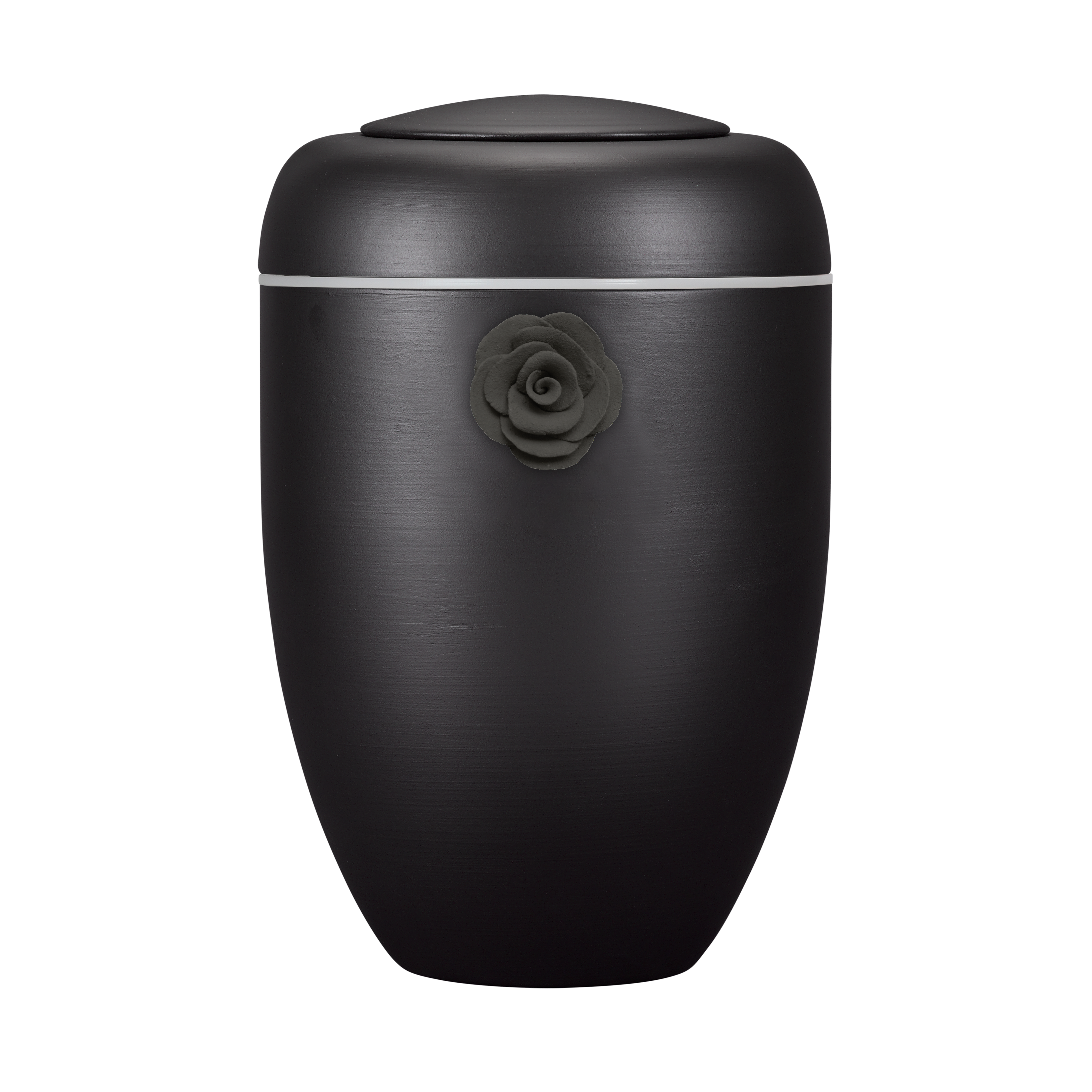 Schwarze Symbol-Urne mit schwarzer Tonrose und weißer Plexiglasscheibe