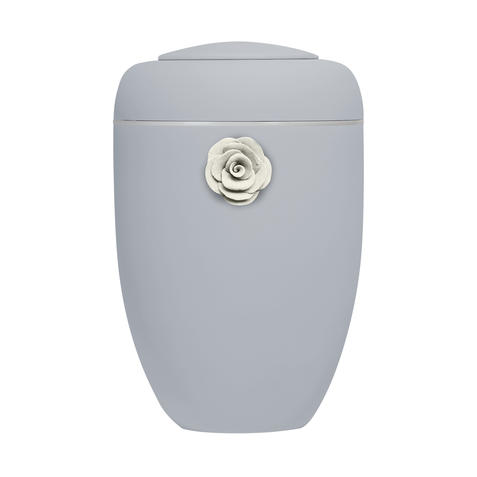 Hellgraue Symbol-Urne mit weißer Tonrose und weißer Plexiglasscheibe