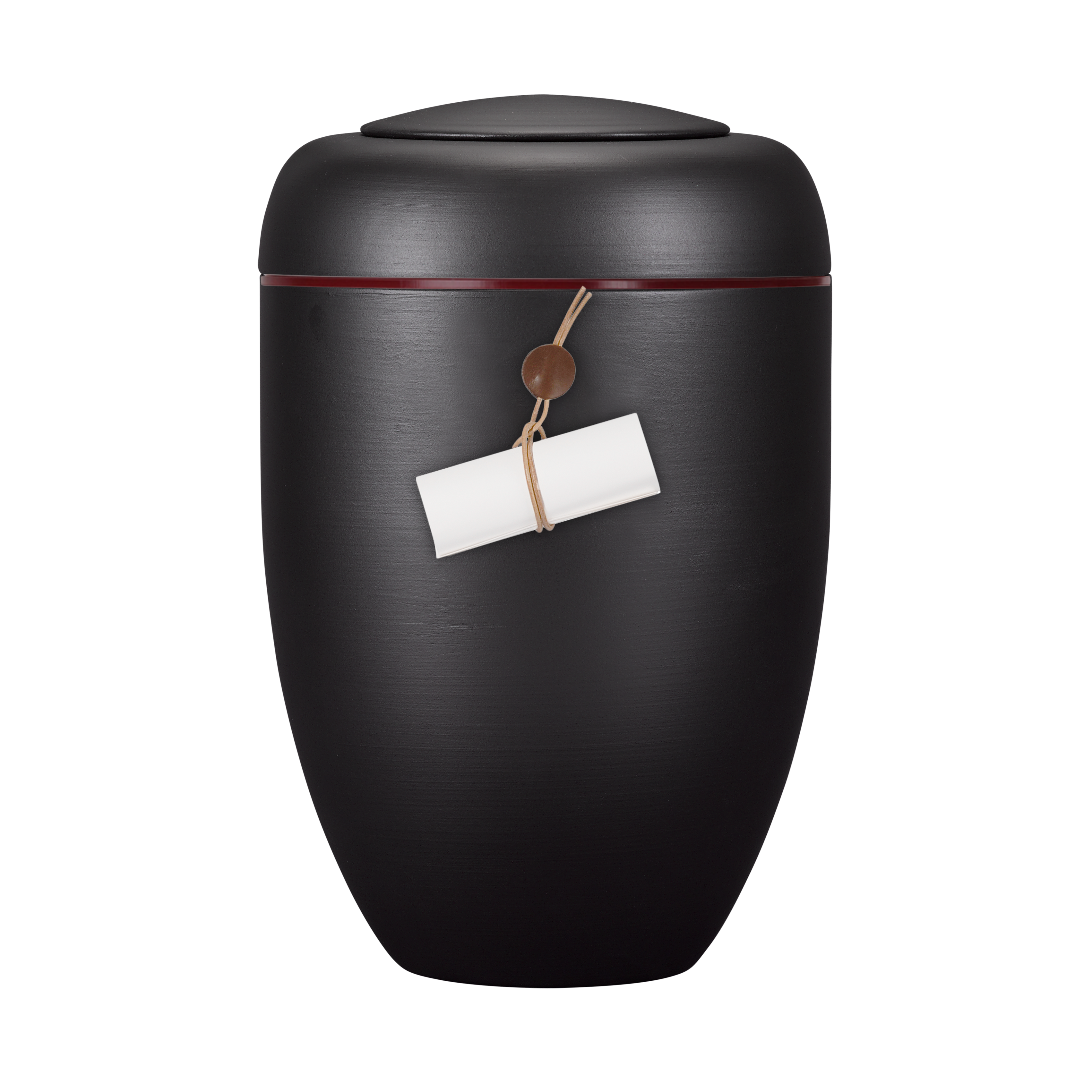 Schwarze Symbol-Urne mit Schriftrolle und roter Plexiglasscheibe