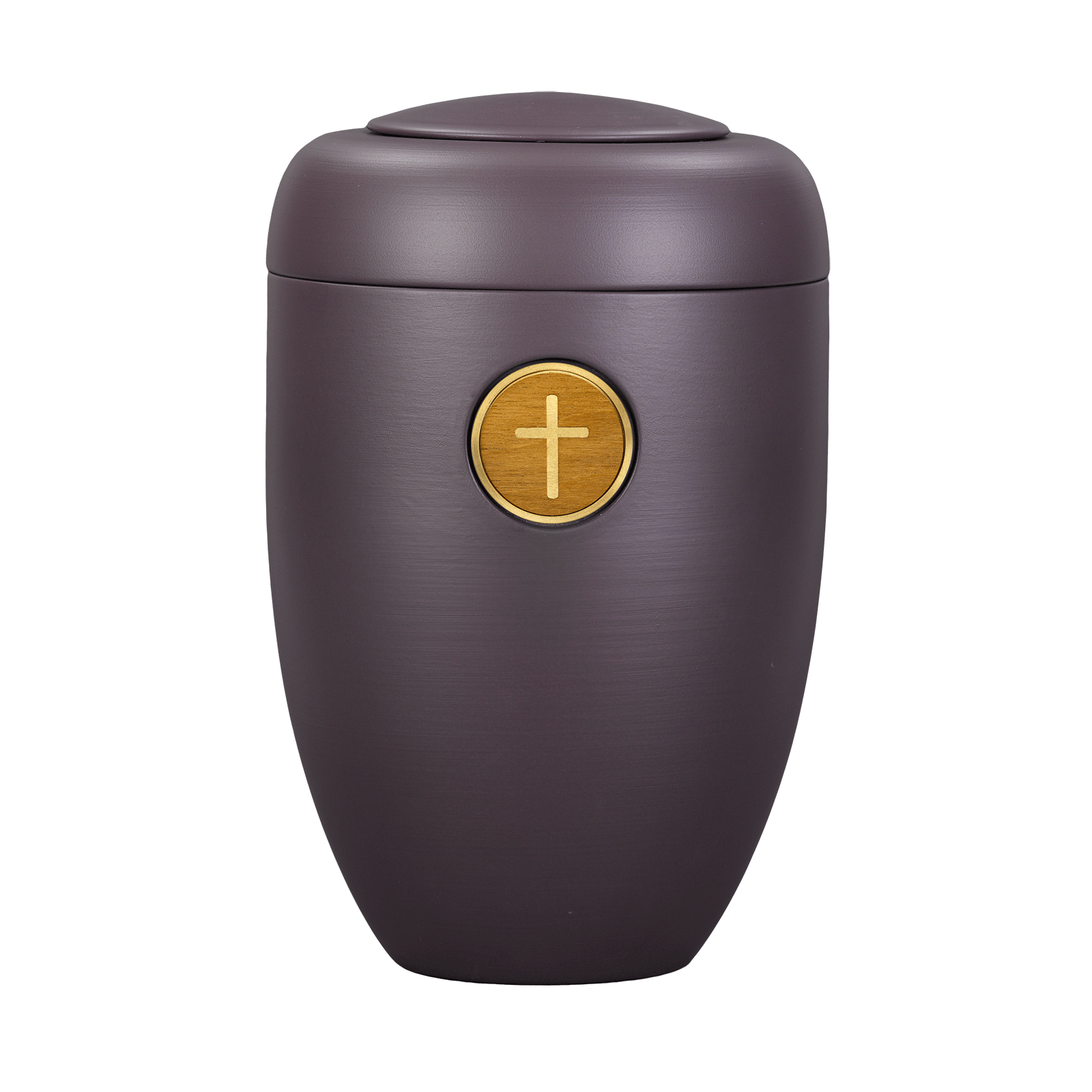 Auberginefarbene Memori-Urne mit Kreuz Button