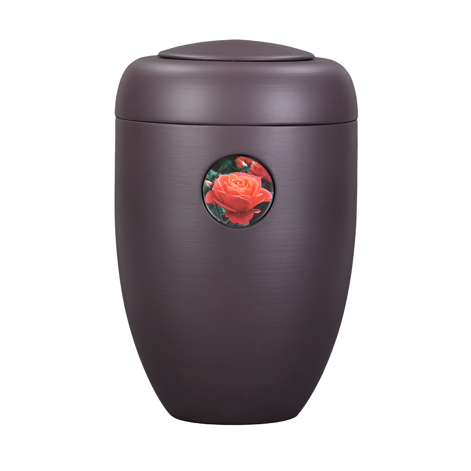 Auberginefarbene Memori-Urne mit lachsfarbener Rose Button